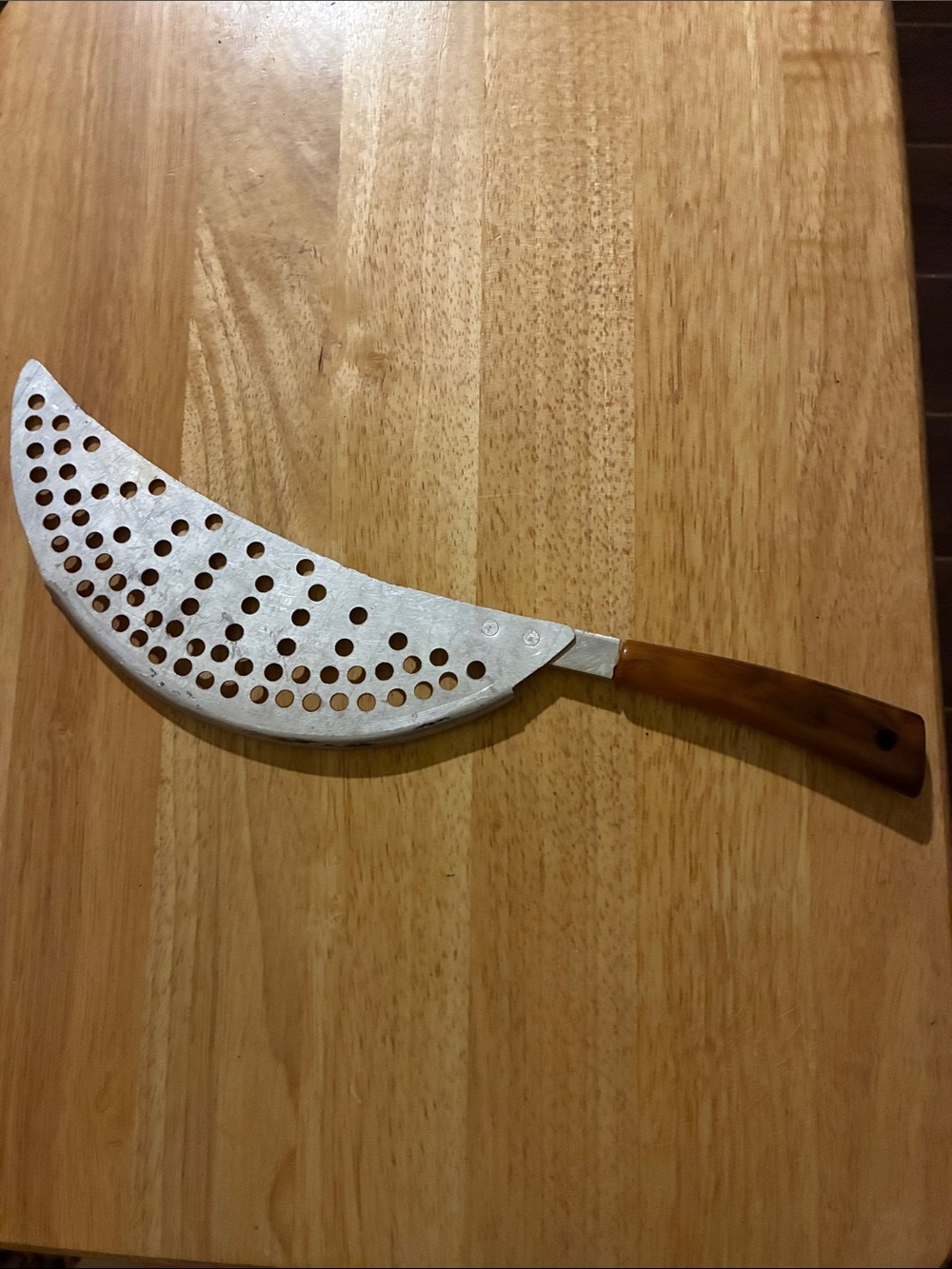 Vintage Stainless Steel Banana-Shaped Strainer with Brown Bakelite Handle